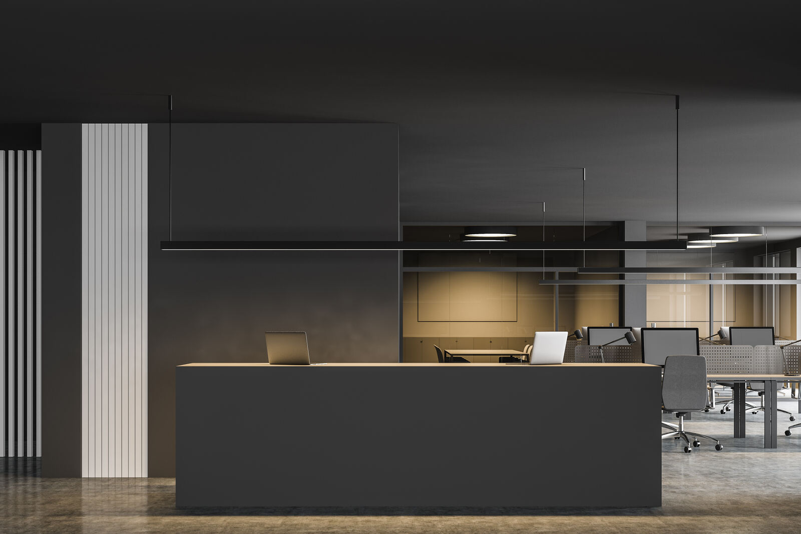 A reception desk in a modern office